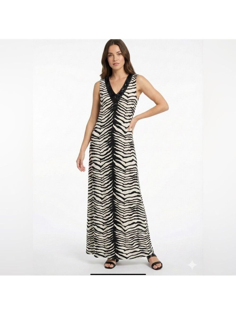 CHICO’S Zebra Print Sleeveless Maxi Dress Vee Neckline Beading Detail US Sz M